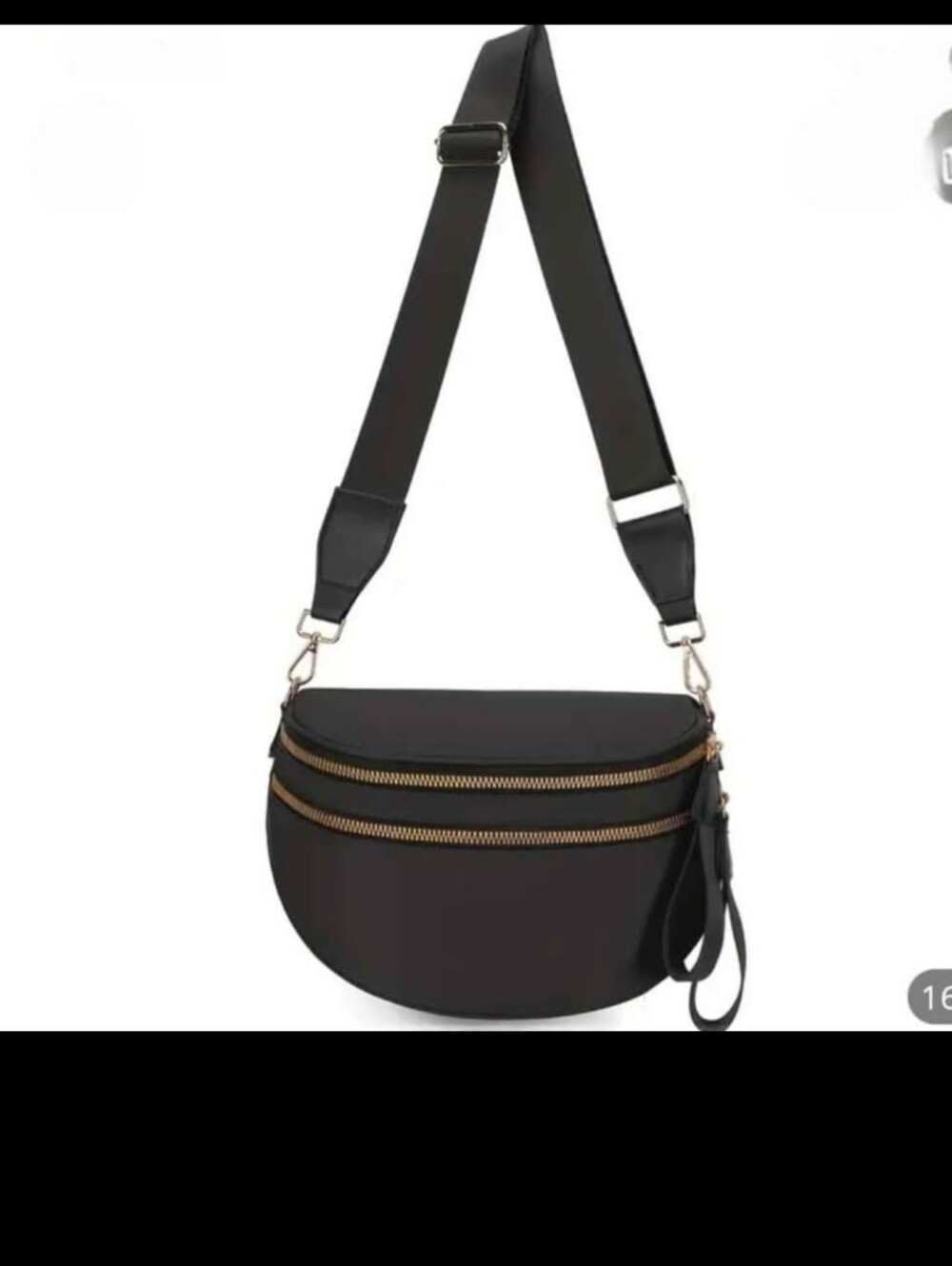 Black Crossbody Saddle Bag with Gold Zippers